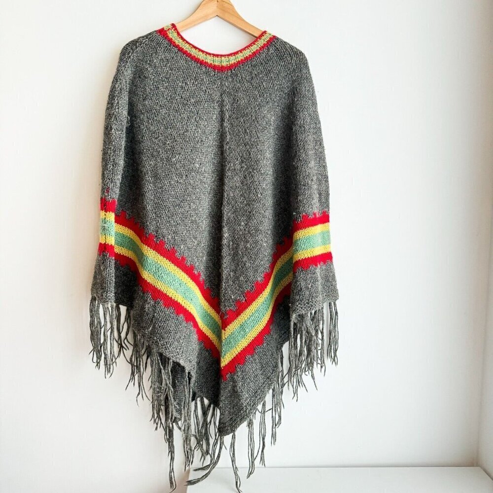 Vintage Wool Handknit Fringe Hem Poncho OS